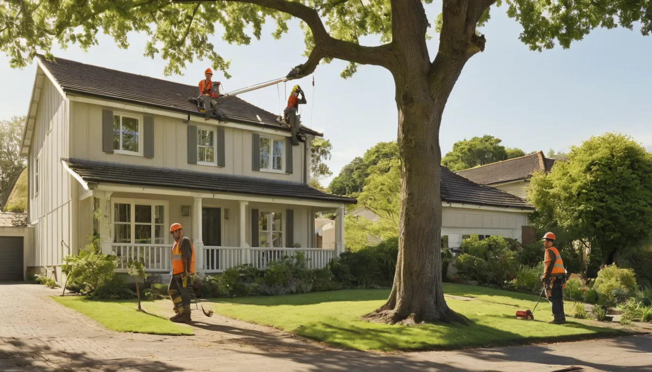 A tree removal provider lowering a limb in a residential yard in Novi
